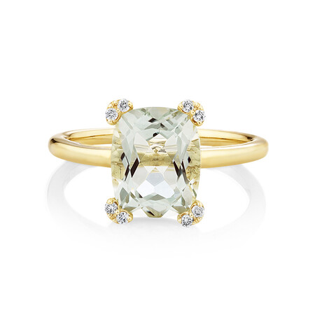 Ring With Green Amethyst & Diamonds In 10ct Yellow Gold Ring With Green Amethyst & Diamonds In 10ct Yellow Gold
