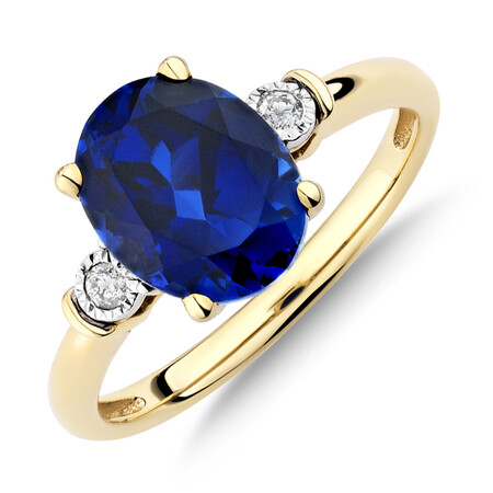 Ring With Created Sapphire & Diamonds In 10ct Yellow Gold Ring With Created Sapphire & Diamonds In 10ct Yellow Gold