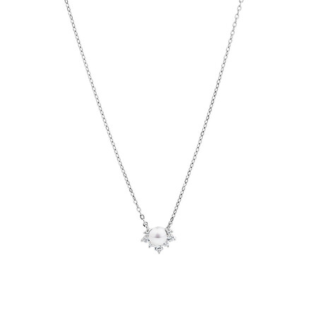 Necklace with Cultured Freshwater Pearl & Cubic Zirconia in Sterling Silver
