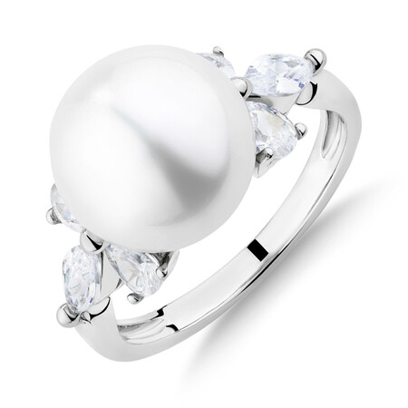 Ring with Cultured Freshwater Pearl & Cubic Zirconia in Sterling Silver Ring with Cultured Freshwater Pearl & Cubic Zirconia in Sterling Silver