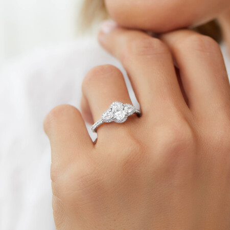 Sir Michael Hill Designer Three Stone Halo Engagement Ring with 1.26 Carat TW of Diamonds in 18kt White Gold Sir Michael Hill Designer Three Stone Halo Engagement Ring with 1.26 Carat TW of Diamonds in 18kt White Gold