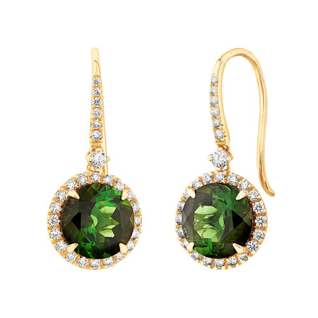 Halo Earrings with Green Tourmaline & 0.39 Carat TW of Diamonds in 14kt Yellow Gold Halo Earrings with Green Tourmaline & 0.39 Carat TW of Diamonds in 14kt Yellow Gold