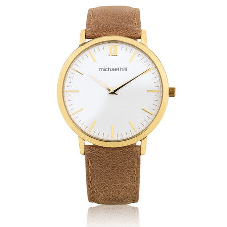 Ladies Gold Tone Stainless Steel Watch with Leather Ladies Gold Tone Stainless Steel Watch with Leather