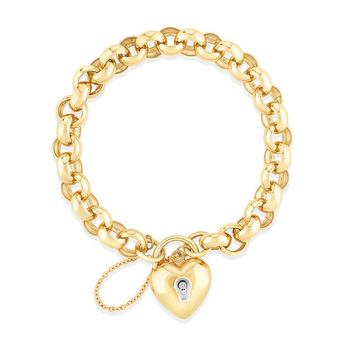19cm x 9.5mm Width Diamond Set Heart Padlock Belcher Bracelet in 10kt Yellow Gold