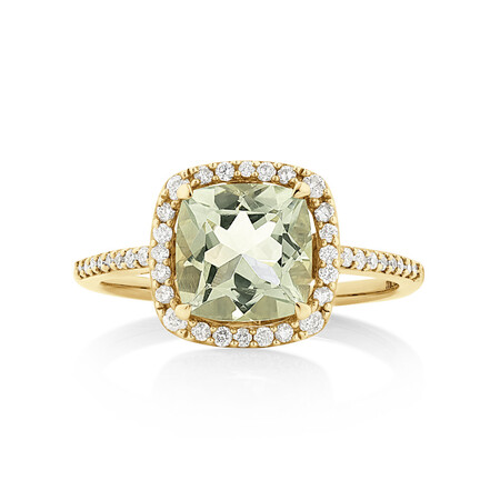 Halo Ring with Green Amethyst & 0.25 Carat TW of Diamonds in 10kt Yellow Gold Halo Ring with Green Amethyst & 0.25 Carat TW of Diamonds in 10kt Yellow Gold