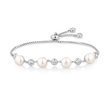Adjustable Bracelet with Cultured Freshwater Pearls & Cubic Zirconia in Sterling Silver Adjustable Bracelet with Cultured Freshwater Pearls & Cubic Zirconia in Sterling Silver