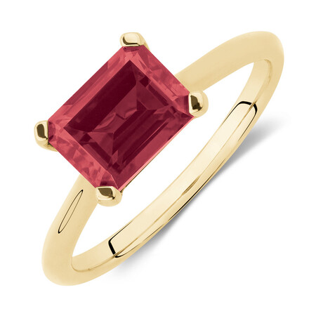 Emerald Cut Ring with Created Ruby in 10ct Yellow Gold Emerald Cut Ring with Created Ruby in 10ct Yellow Gold