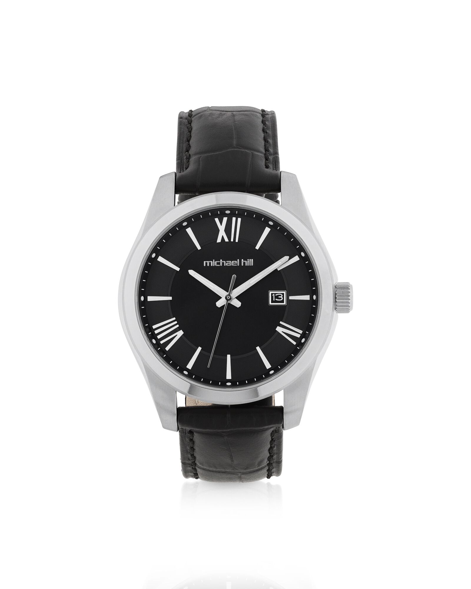 Men s Watch in Stainless Steel Black Leather
