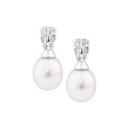 Drop Earrings with Cultured Freshwater Pearl & Cubic Zirconia in Sterling Silver Drop Earrings with Cultured Freshwater Pearl & Cubic Zirconia in Sterling Silver