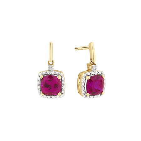 Stud Earrings with Laboratory Created Ruby & Natural Diamonds In 10kt Yellow Gold