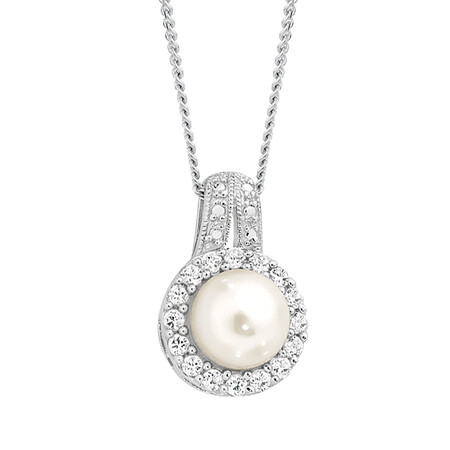 Pendant with a Cultured Freshwater Pearl & Created White Sapphires in Sterling Silver Pendant with a Cultured Freshwater Pearl & Created White Sapphires in Sterling Silver