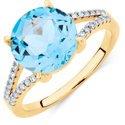 Ring with Blue Topaz & Diamonds in 10ct Yellow Gold