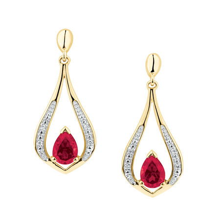 Drop Earrings with Created Ruby & Diamonds in 10ct Yellow Gold Drop Earrings with Created Ruby & Diamonds in 10ct Yellow Gold