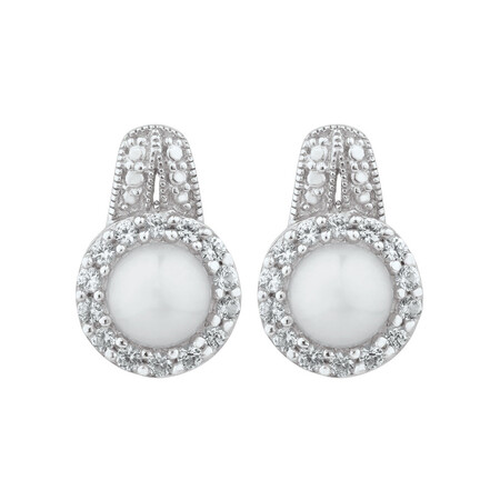 Earrings with Cultured Freshwater Pearls & Created White Sapphire in Sterling Silver Earrings with Cultured Freshwater Pearls & Created White Sapphire in Sterling Silver