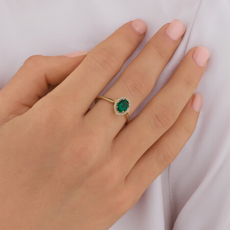 Halo Ring With Created Emerald & Diamonds in 10ct Yellow Gold Halo Ring With Created Emerald & Diamonds in 10ct Yellow Gold