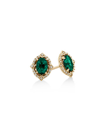 Halo Earrings With Created Emerald & Diamonds in 10ct Yellow Gold Halo Earrings With Created Emerald & Diamonds in 10ct Yellow Gold