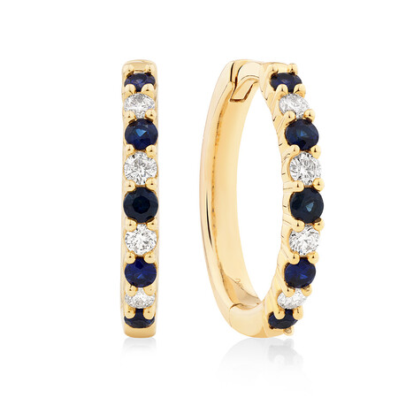Huggie Earrings with Natural Sapphire & 0.20 Carat TW of Diamonds in 10ct Yellow Gold Huggie Earrings with Natural Sapphire & 0.20 Carat TW of Diamonds in 10ct Yellow Gold