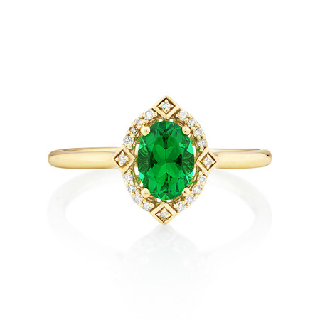 Halo Ring With Created Emerald & Diamonds in 10ct Yellow Gold Halo Ring With Created Emerald & Diamonds in 10ct Yellow Gold