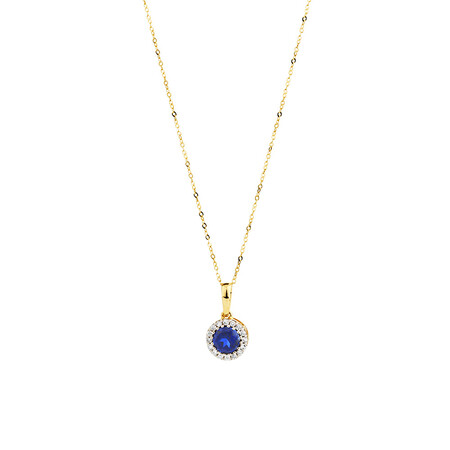 Halo Pendant with Laboratory Created Sapphire & Natural Diamonds in 10kt Yellow Gold Halo Pendant with Laboratory Created Sapphire & Natural Diamonds in 10kt Yellow Gold