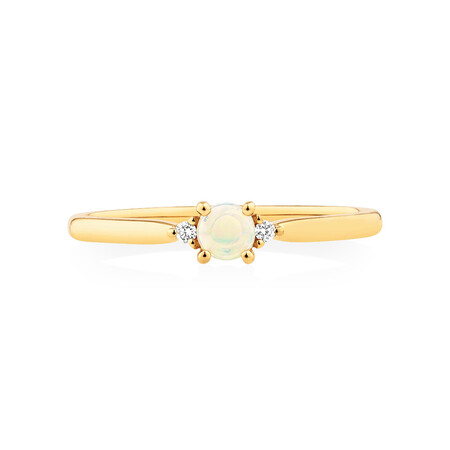 3 Stone Ring with Opal & Diamonds in 10kt Yellow Gold 3 Stone Ring with Opal & Diamonds in 10kt Yellow Gold