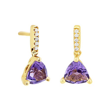 Amethyst Drop Earrings with 0.03 Diamonds in 10ct Yellow Gold Amethyst Drop Earrings with 0.03 Diamonds in 10ct Yellow Gold