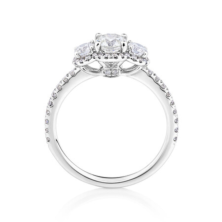 Sir Michael Hill Designer Three Stone Halo Engagement Ring with 1.07 Carat TW of Diamonds in 18ct White Gold Sir Michael Hill Designer Three Stone Halo Engagement Ring with 1.07 Carat TW of Diamonds in 18ct White Gold