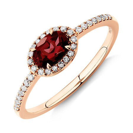 Halo Ring with Rhodolite Garnet & 0.15 Carat TW of Diamonds in 10kt Rose Gold Halo Ring with Rhodolite Garnet & 0.15 Carat TW of Diamonds in 10kt Rose Gold