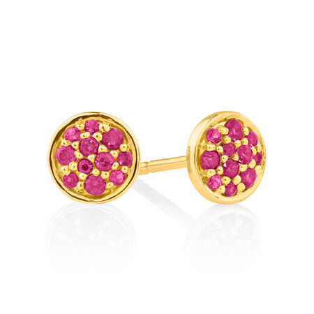 Pave Stud Earrings with Created Ruby in 10ct Yellow Gold Pave Stud Earrings with Created Ruby in 10ct Yellow Gold