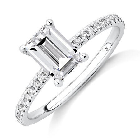 Engagement Ring with 1.14 Carat TW of Diamonds. A 1 Carat Emerald Cut Centre Laboratory-Created Diamond and shouldered by 0.14 Carat TW of Natural Diamonds in 14kt White Gold Engagement Ring with 1.14 Carat TW of Diamonds. A 1 Carat Emerald Cut Centre Laboratory-Created Diamond and shouldered by 0.14 Carat TW of Natural Diamonds in 14kt White Gold