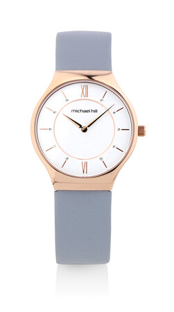 Watch in Rose Tone Stainless Steel & Grey Leather Watch in Rose Tone Stainless Steel & Grey Leather