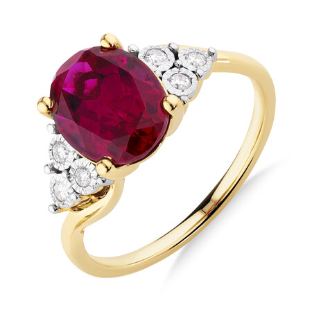 Ring with Created Ruby and Diamonds in 10ct Yellow Gold Ring with Created Ruby and Diamonds in 10ct Yellow Gold