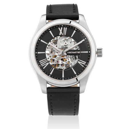 Michael Hill Automatic Skeleton Watch In Stainless Steel And Leather Michael Hill Automatic Skeleton Watch In Stainless Steel And Leather