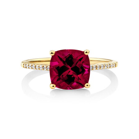 Ring with Cushion Cut Created Ruby & Diamonds in 10kt Yellow Gold Ring with Cushion Cut Created Ruby & Diamonds in 10kt Yellow Gold