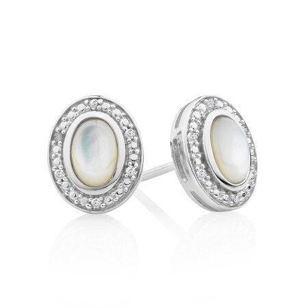 Halo Earrings with Mother of Pearl and 0.04 Carat TW of Diamonds in Sterling Silver Halo Earrings with Mother of Pearl and 0.04 Carat TW of Diamonds in Sterling Silver