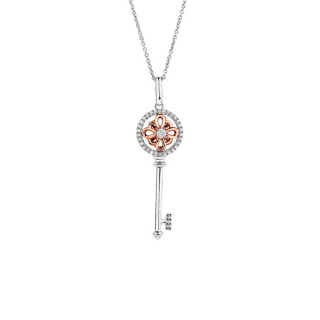 Key Pendant with Diamonds in 10ct Rose Gold & Sterling Silver