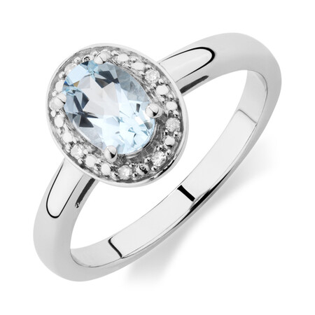 Halo Ring with Aquamarine & Diamonds in Sterling Silver Halo Ring with Aquamarine & Diamonds in Sterling Silver