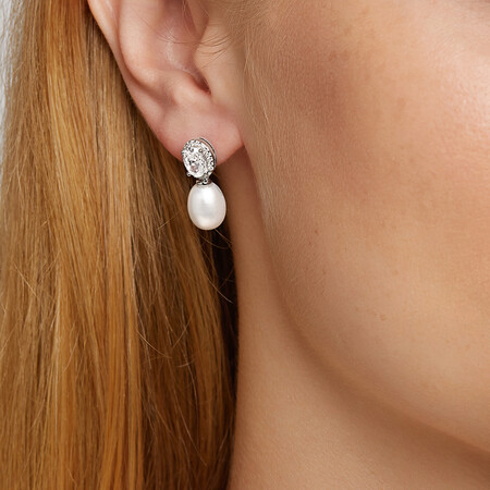 Earrings with Cultured Freshwater Pearl & Cubic Zirconia in Sterling Silver Earrings with Cultured Freshwater Pearl & Cubic Zirconia in Sterling Silver