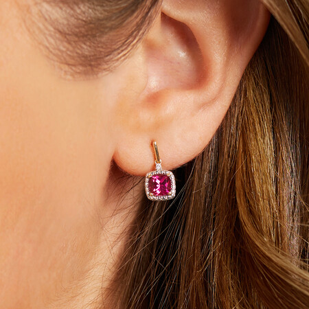 Stud Earrings with Laboratory Created Ruby & Natural Diamonds In 10kt Yellow Gold Stud Earrings with Laboratory Created Ruby & Natural Diamonds In 10kt Yellow Gold