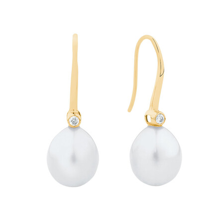 Drop Earrings with Cultured Freshwater Pearls & Diamonds in 10ct Yellow Gold Drop Earrings with Cultured Freshwater Pearls & Diamonds in 10ct Yellow Gold