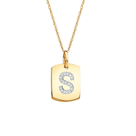 "S" Initial Rectangular Pendant With Diamonds In 10ct Yellow Gold "S" Initial Rectangular Pendant With Diamonds In 10ct Yellow Gold