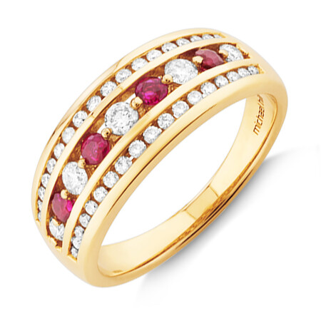 3 Row Ring with Ruby & 0.50 Carat TW of Diamonds Ruby in 14kt of Yellow Gold