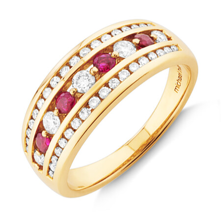 3 Row Ring with Ruby & 0.50 Carat TW of Diamonds Ruby in 14kt of Yellow Gold 3 Row Ring with Ruby & 0.50 Carat TW of Diamonds Ruby in 14kt of Yellow Gold