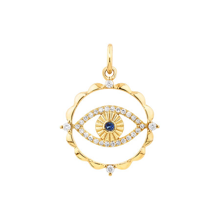 Evil Eye Motif Pendant with Sapphire & 0.10 Carat of Diamonds in 10kt Yellow Gold Evil Eye Motif Pendant with Sapphire & 0.10 Carat of Diamonds in 10kt Yellow Gold