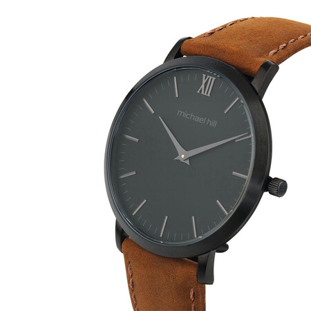 Men's Watch in Black PVD Plated Stainless Steel & Brown Leather Men's Watch in Black PVD Plated Stainless Steel & Brown Leather