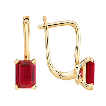 Emerald Cut Drop Earrings with Laboratory Created Ruby in 10kt Yellow Gold Emerald Cut Drop Earrings with Laboratory Created Ruby in 10kt Yellow Gold