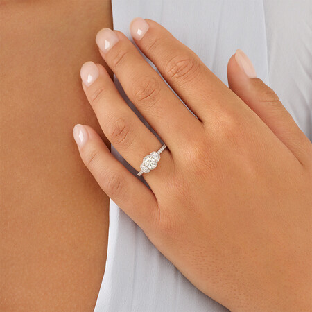 Sir Michael Hill Designer Three Stone Halo Engagement Ring with 1.07 Carat TW of Diamonds in 18ct White Gold Sir Michael Hill Designer Three Stone Halo Engagement Ring with 1.07 Carat TW of Diamonds in 18ct White Gold