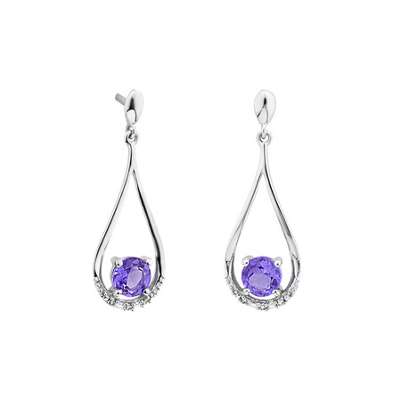 Drop Stud Earrings with Amethyst & Diamonds in 10ct White Gold Drop Stud Earrings with Amethyst & Diamonds in 10ct White Gold
