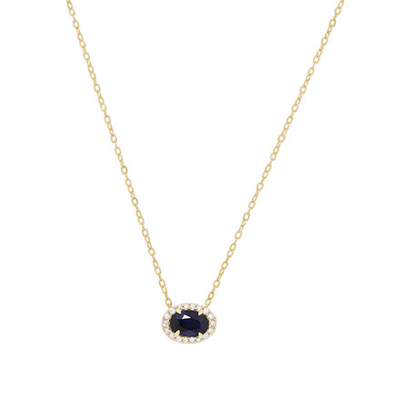 Halo Necklace with Sapphire & Diamonds in 10kt Yellow Gold Halo Necklace with Sapphire & Diamonds in 10kt Yellow Gold
