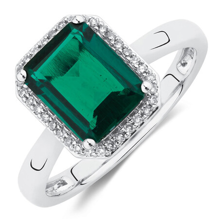 Ring with Created Emerald & Diamonds in 10ct White Gold Ring with Created Emerald & Diamonds in 10ct White Gold