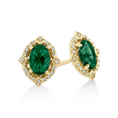 Halo Earrings With Created Emerald & Diamonds in 10ct Yellow Gold Halo Earrings With Created Emerald & Diamonds in 10ct Yellow Gold